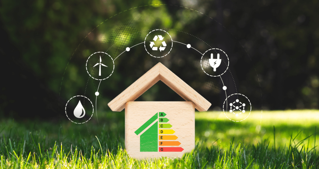 Casetta in legno su prato verde con etichetta di efficienza energetica dalla classe A alla G e icone di sostenibilità ed energie rinnovabili
